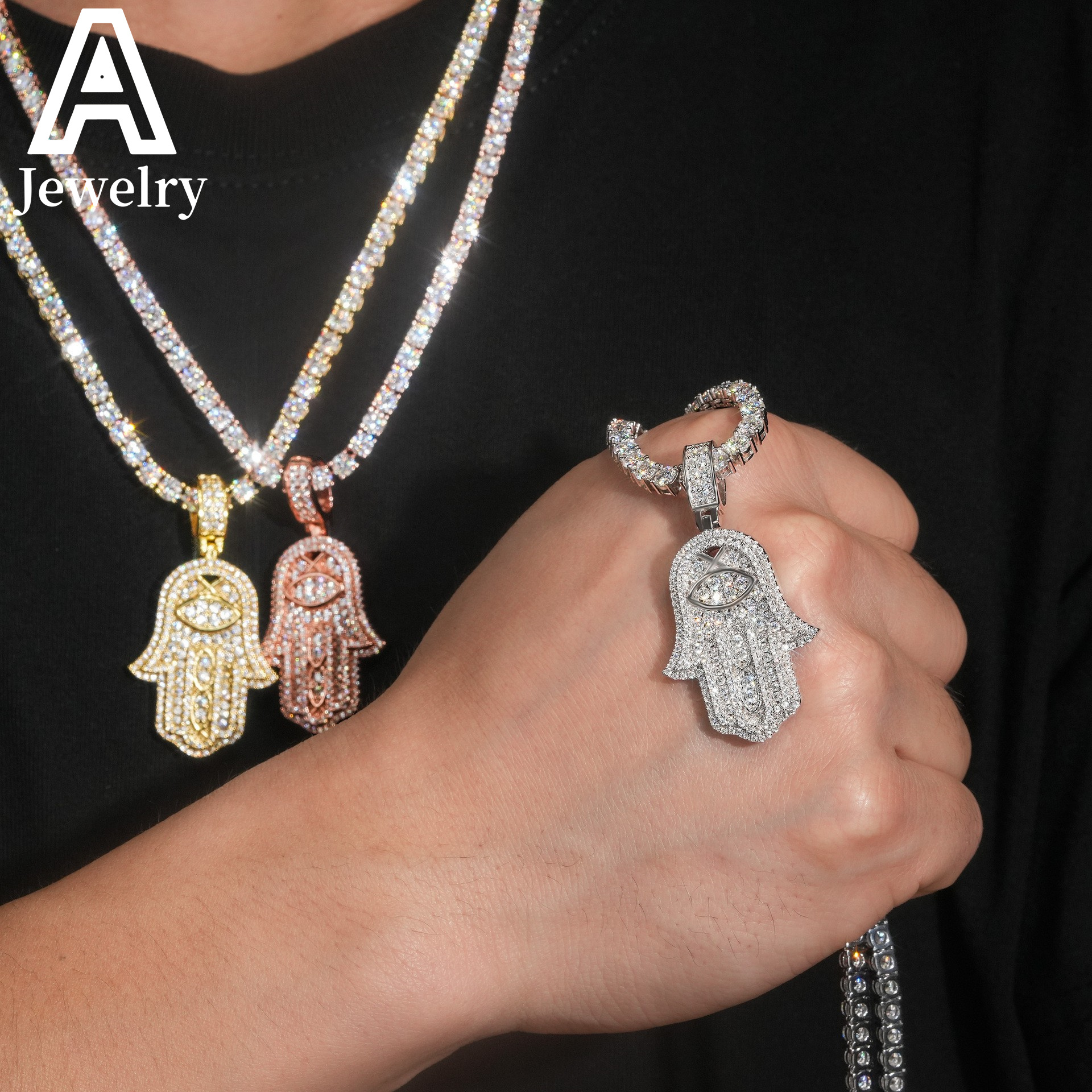 Iced out jewelry 925 Sterling Silver Pendants Hip Hop Jewelry Moissanite Hamsa Hand Charm Pendants