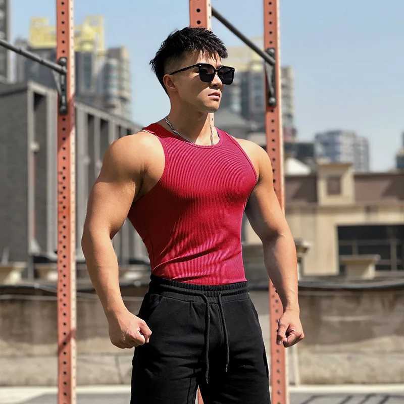 2024 Summer Fitness Tank Top Mens I-back Slim Vertical Stripe Fashion Sportswear Breathable Training Sleep X250324