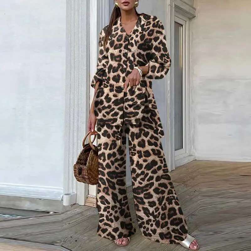 Vintage 2Pcs Summer Women Fashion Leopard Printed Casual Loose Tops And Outfits Wide Leg Pant Sets