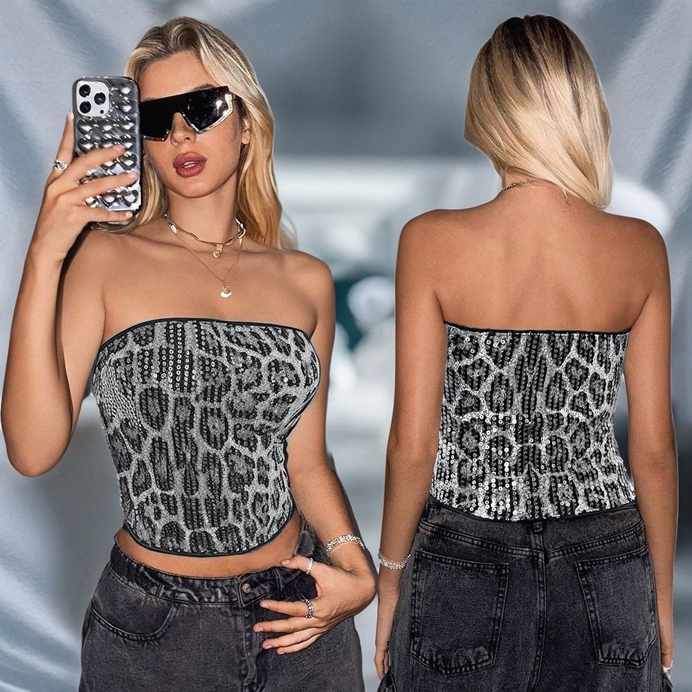2025 Women's Slim Fit Beach Vest New Designer Personalized Street Trend Leopard Print Strapless Sequin Top Party Women's Clothing
