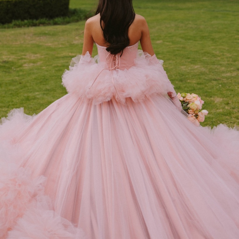 Pink Princess Quinceanera Dresses Beads Tull Tiered Sweet 16 Dress Sweetheart Off Shoulder Ball Gown Vestidos 15 De Anos