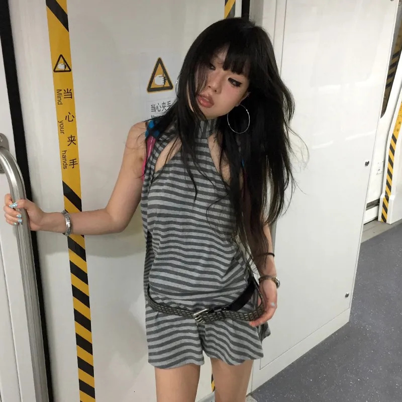 Karrram Y2k Aesthetics Halter Dress Japanese 2000s Style Grey Striped Short Dress Vintage Harajuku Backless Mini Dress Grunge 250324