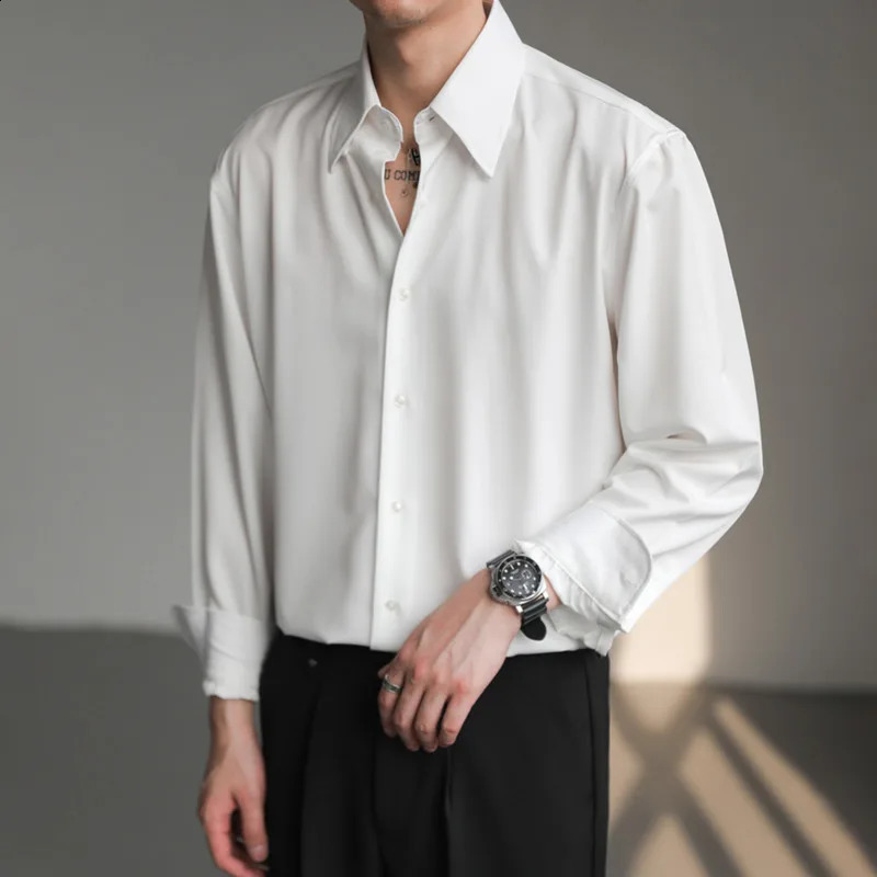 Black White Shirt Men Fashion Social Mens Dress Shirt Korean Loose Long Sleeved Shirt Mens Office Formal Shirts Ice Silk M-2XL 250319