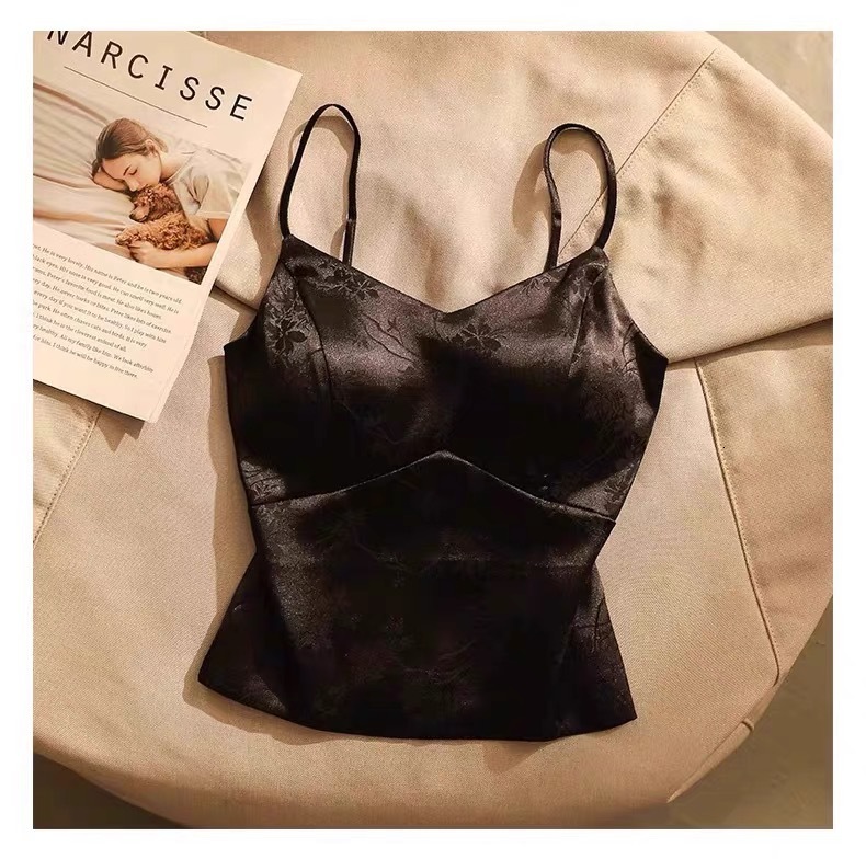 Chinese Style Jacquard Satin Camisole Vest With Women's High-end Feel Chest Cushion Inner And Outer Wear Short Bottom Top For Women