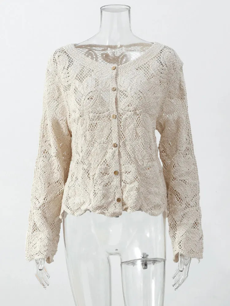 Elegant beige casual hollow shirt womens retro hook floral lace long sleeved button up shirt French top shirt 250318