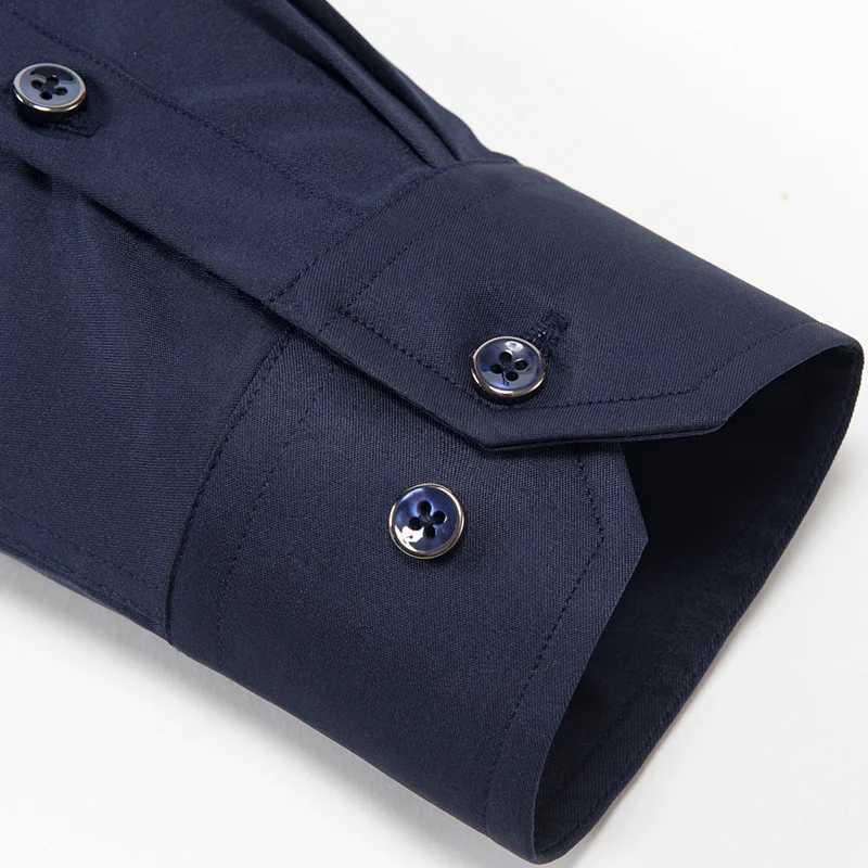 Mens classic iron free elastic solid care shirt with wrinkle resistant long sleeves suitable for formal business routine navy blue dress X250324
