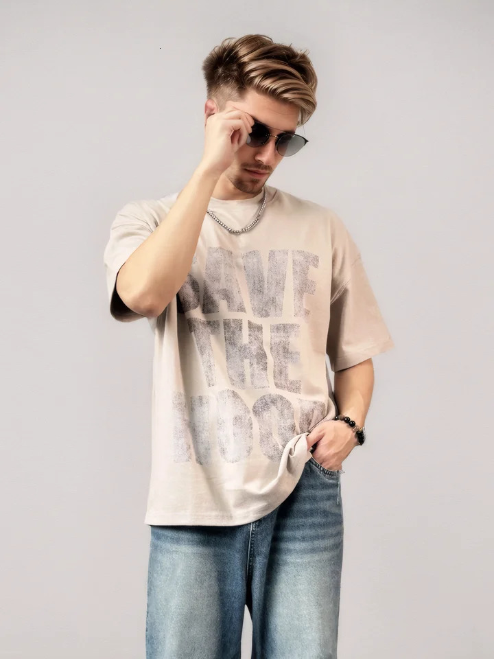 Plus Size 100% Cotton T-shirt Thick Streetwear American Retro y2k er Summer Round Neck Tee Screen Print Mens T-shirt 250324