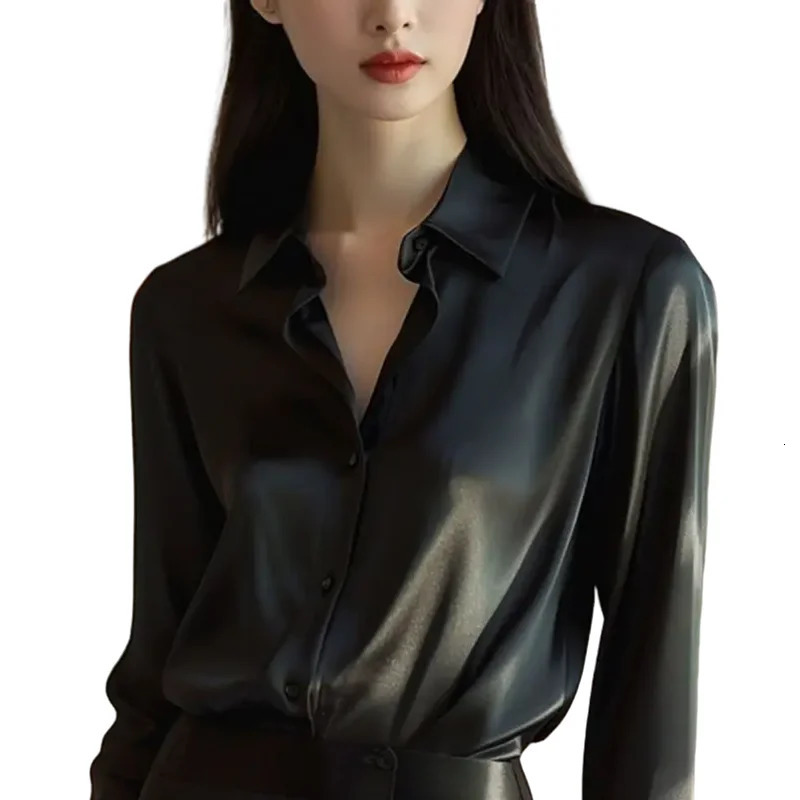 Spring and autumn womens solid polo neck shirt button elegant loose long sleeved dress office womens black top 250322