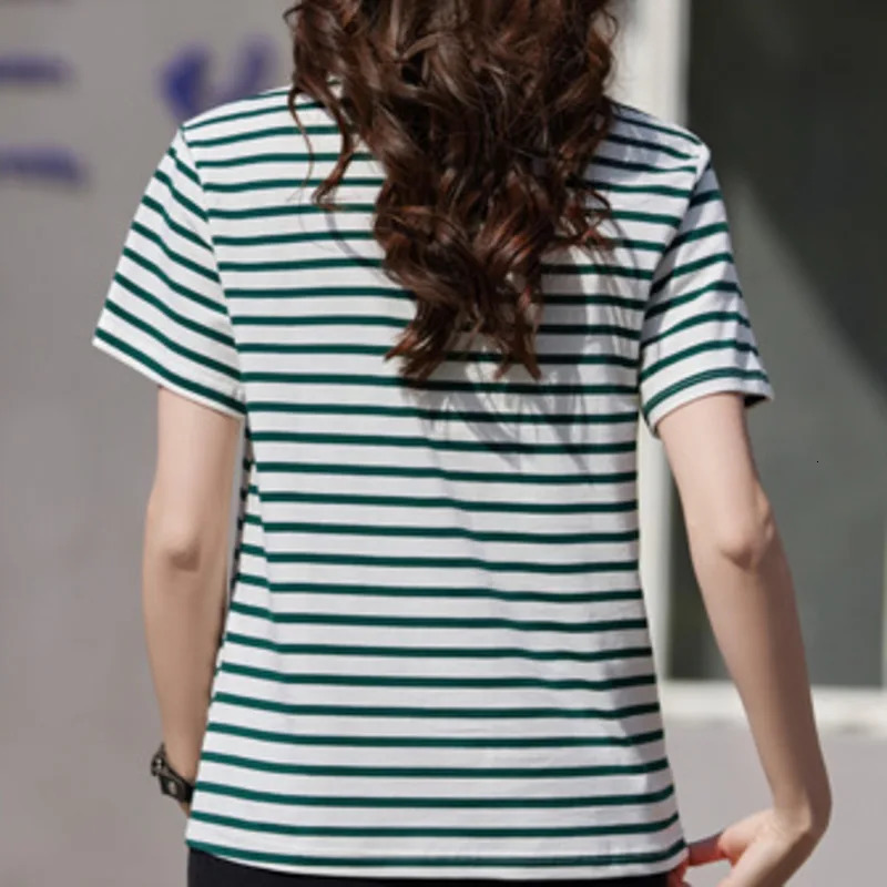 Wxw0212 striped Tshirt womens short sleeved cotton Oneck office ultrathin Korean style summer 2023 250324