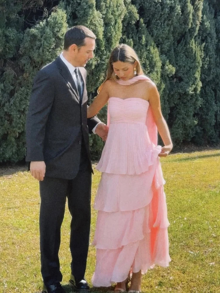 Sexy Pink Scarf Collar Shoulder Fold Edge length Dress Fashionable Sleeveless High Waist Long Party Evening 250324