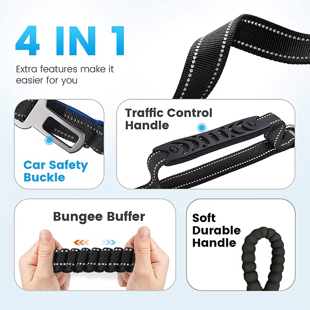 New Heavy Duty Tactical Bungee Dog Leash Reflective Pet Leashes with Car Seat Belt Dog Accessories for Small Lagre Dogs