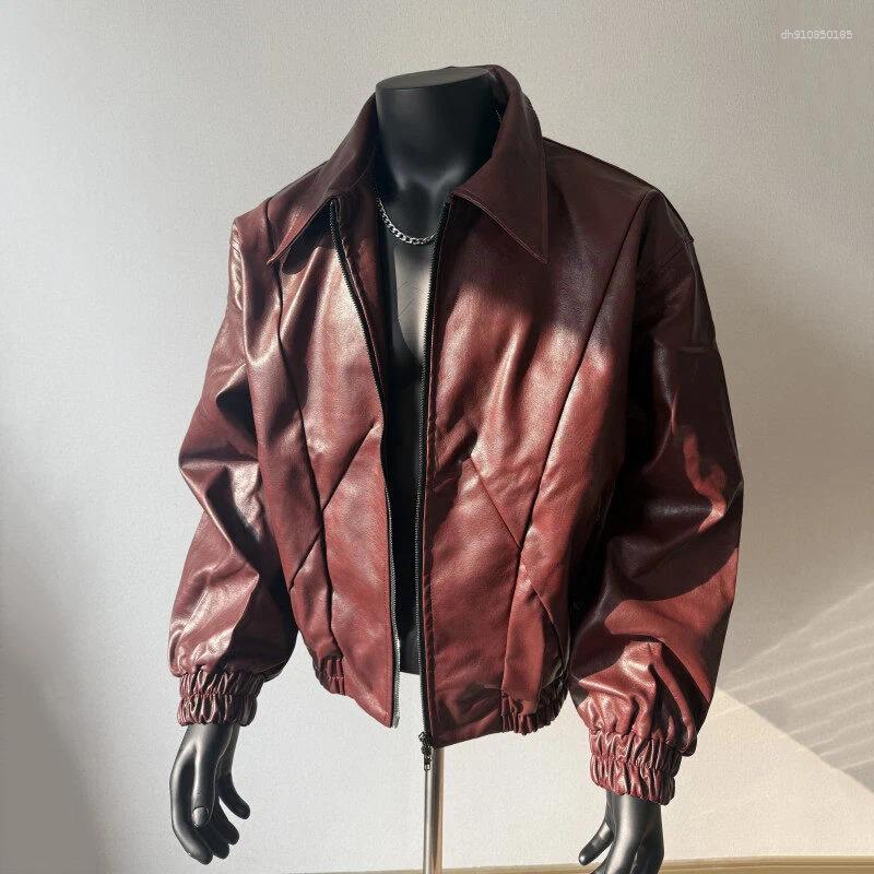 Men's Jackets PFHQ PU Leather Jacket Turn-down Collar Long Sleeve Zipper Design Line Decoration Male Tops Fashion 21E2803