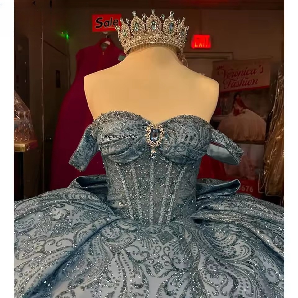 Customized Lace Quinceanera Off The Shoulder Crystal Beads Corset Ball Gown Sweet 16 Dress Vestidos De XV Anos