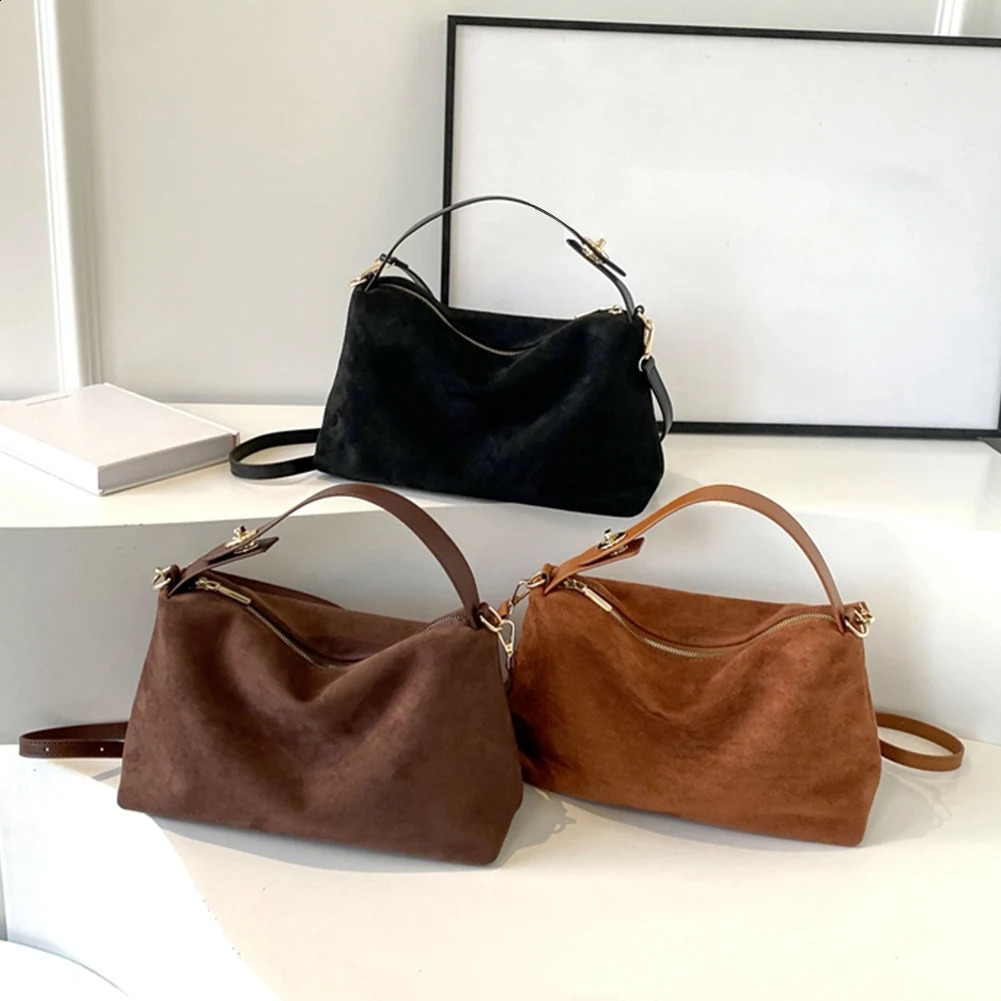 Fashion autumn winter big Boston handbag soft matte suede cowhide womens shoulder cross body gray brown y250317