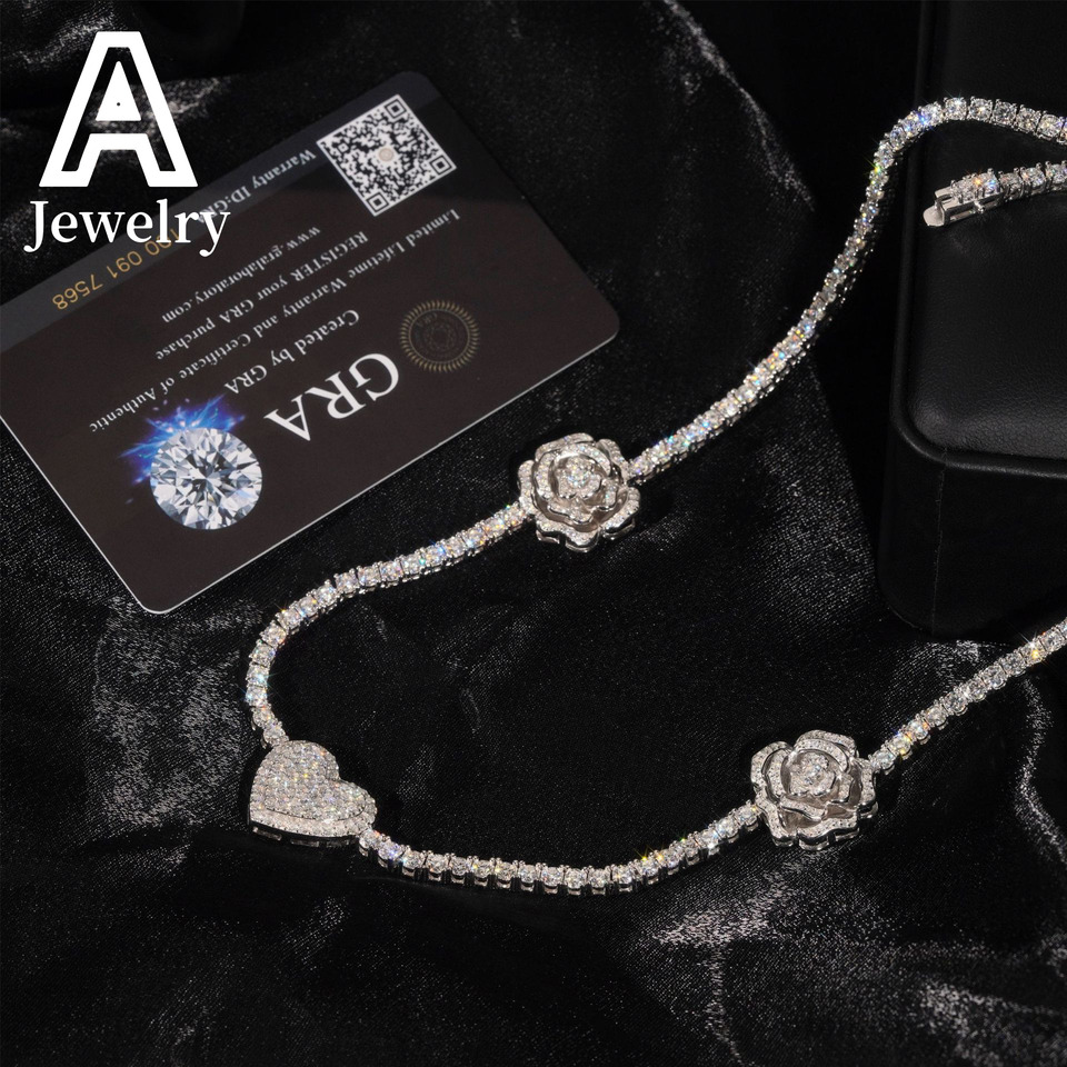 3mm Custom Moissanite Tennis Chains Rose Flower and Heart Shape Charm Necklace 925 Silver Moissanite Diamond Tennis Necklace