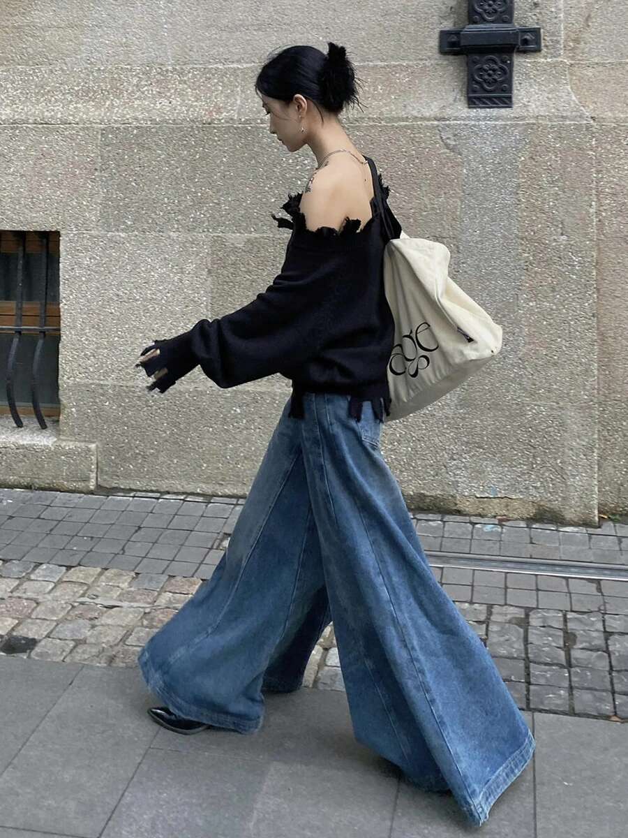 Reddachic ICON Women Whiskers Baggy Jeans Seam Ed Solid Low Rise Do Old Denim Elephant Bell Bottoms Casual Vintage Clothes