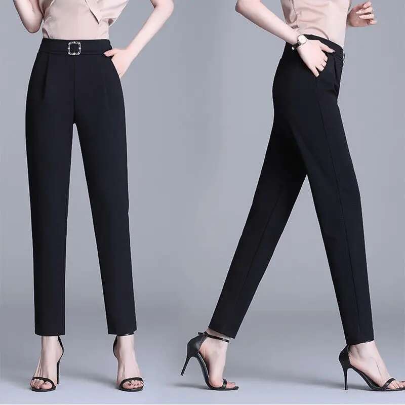 Office Lady Solid All-Match Suit Pants Spring Summer Thin Street Fashion Koreon Women Elastic High Waist Slim Pencil Trousers