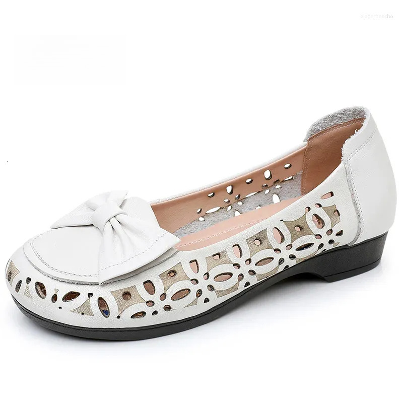 2025 S Fashion Designer Sandals ZXRYXGS Summer Top Cowhide Hollow Bow Women Leather Flat Shoes Large Size Soft Comfort Breathable