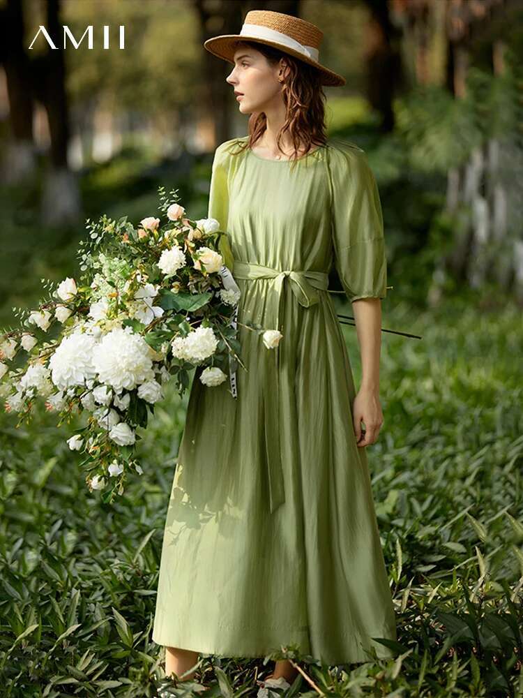 AMII Minimalist Long Dress for Women 2022 Summer New Loose French Style Puff Sleeve O-neck Temperament A-e Vestidos 12240450