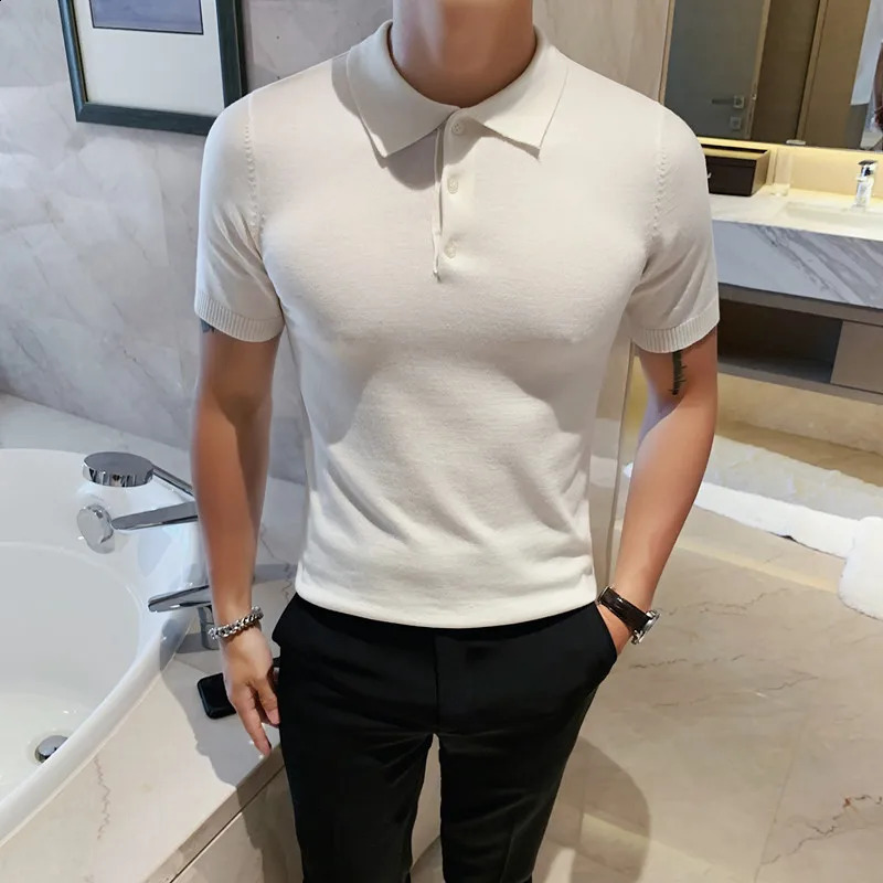 Mens Polo Shirts Korean Clothing Summer Short Sleeve Ice Silk Knit Polo Shirt For Men Turn Down Collar Slim Fit Tops Tees 250322