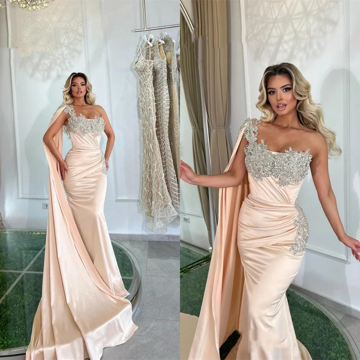 Elegant Evening Dresses One Shoulder Sleeveless Gown Sequins Appliques Backless Sweep Train Party Customized Dress