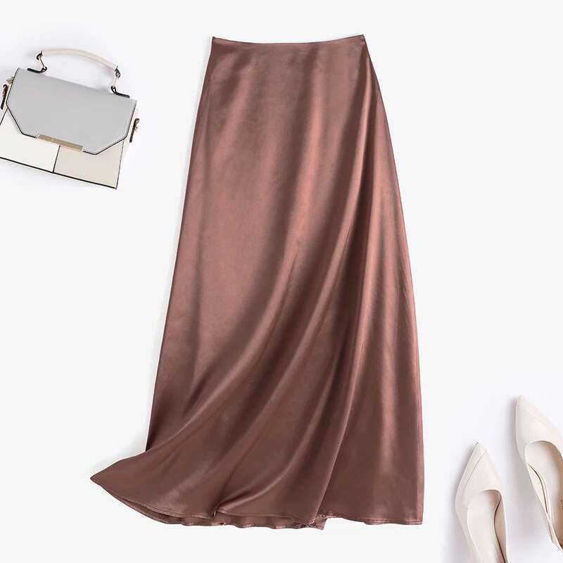 Fashion Satin Silk Skirts Women Summer Long High Waist Skirt Casual Solid Party Faldas Saia Female Vintage Work OL Jupe