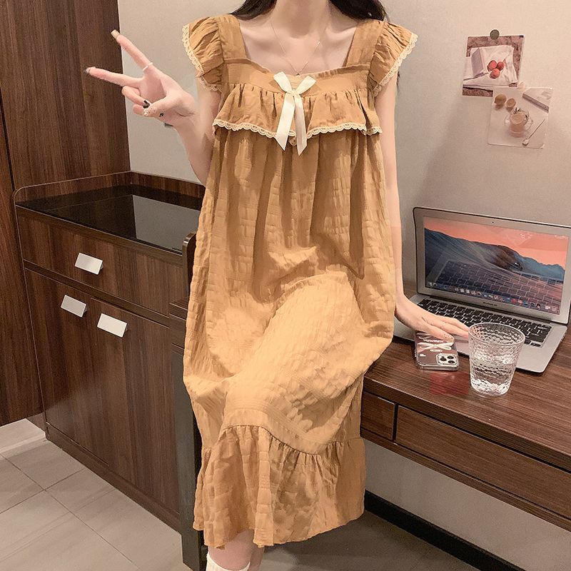 G135 Suspender Nightdress with Chest Pad Pajamas Women's Summer Sweet Solid Color Loose Midi Dress