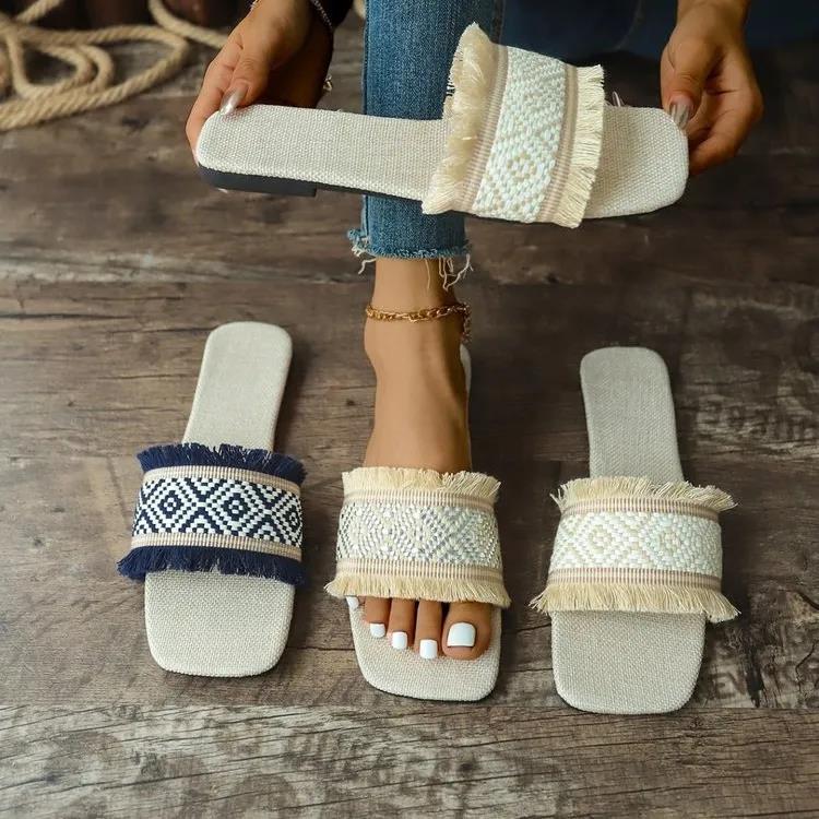 slippers Designer free Shipping Flat bottomed slippers with square heads casual slipper External penetration Women with a single line tassel slippers 