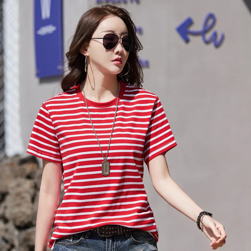 Wxw0212 striped Tshirt womens short sleeved cotton Oneck office ultrathin Korean style summer 2023 250324