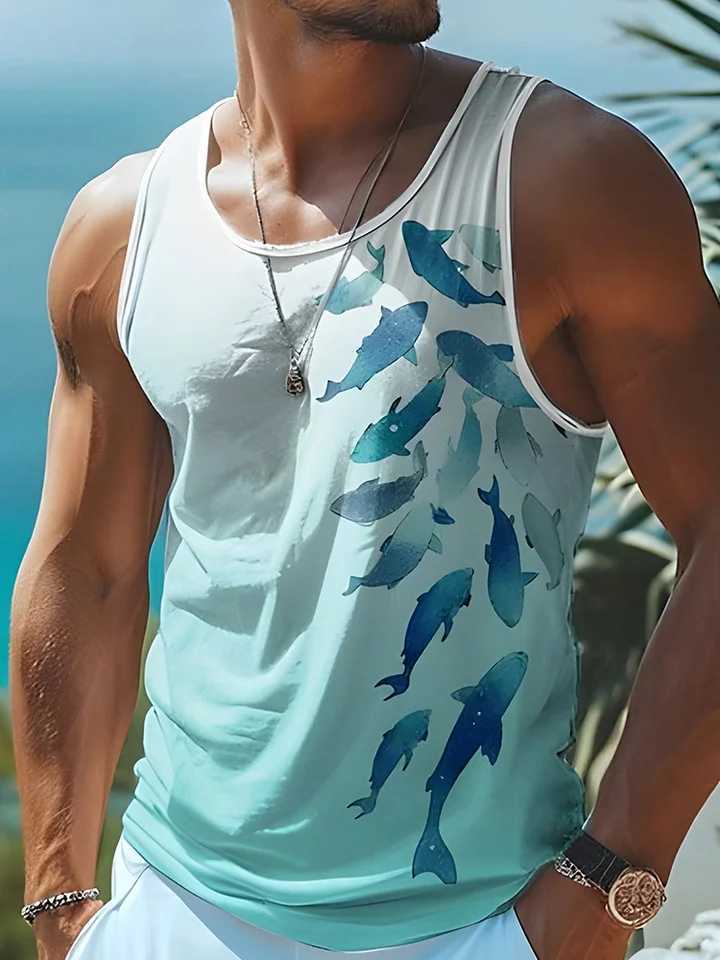 Summer Daily Casual Mens Tank Top Hawaiian Style Fish Print Mens Tank Top Seaside Party Mens Fashion Sleeveless T-shirt X250324