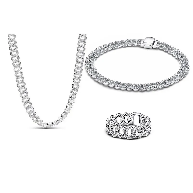 Authentic Cuban Tennis Chain Necklace Bracelet Ring Man Women S925 Sterling Silver Birthday Gifts Christmas Luxury Wedding Jewelry Sets