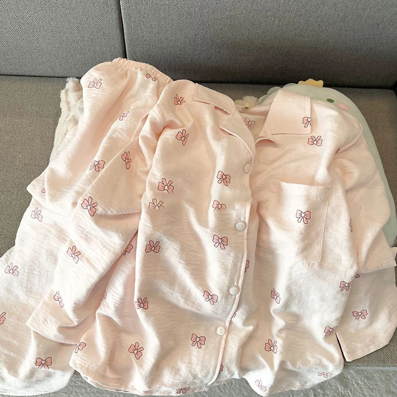 Bow print sweet and cute pajama set Korean two-piece womens pajama set Kawaii Year casual pajama home wear 250321