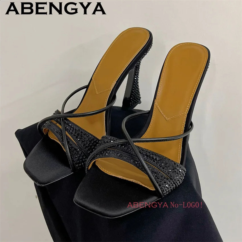 ABENGYA 2025 Thin High Heels Mules Slippers Women Square Open Toe Satin Rhinestone Sandals Summer Sexy Dress Shoes Woman 250322