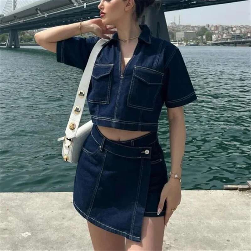 TRAF Blue Denim Sleeve Cropped Shirt Women Summer Short Tops Woman Streetwear Y2k Stylish Women's Blouse