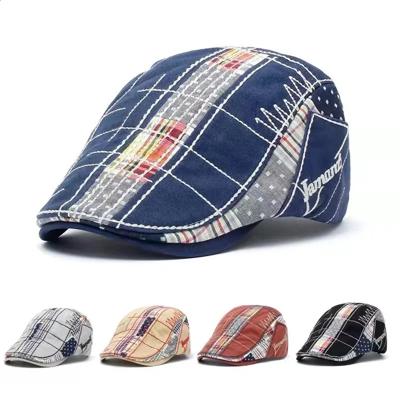 Europ American Leisure Forward Hat Men Irregular Embroidered Beret Plaid Spliced Baseball Cap Male Spring Autumn Sunshade Women 250321