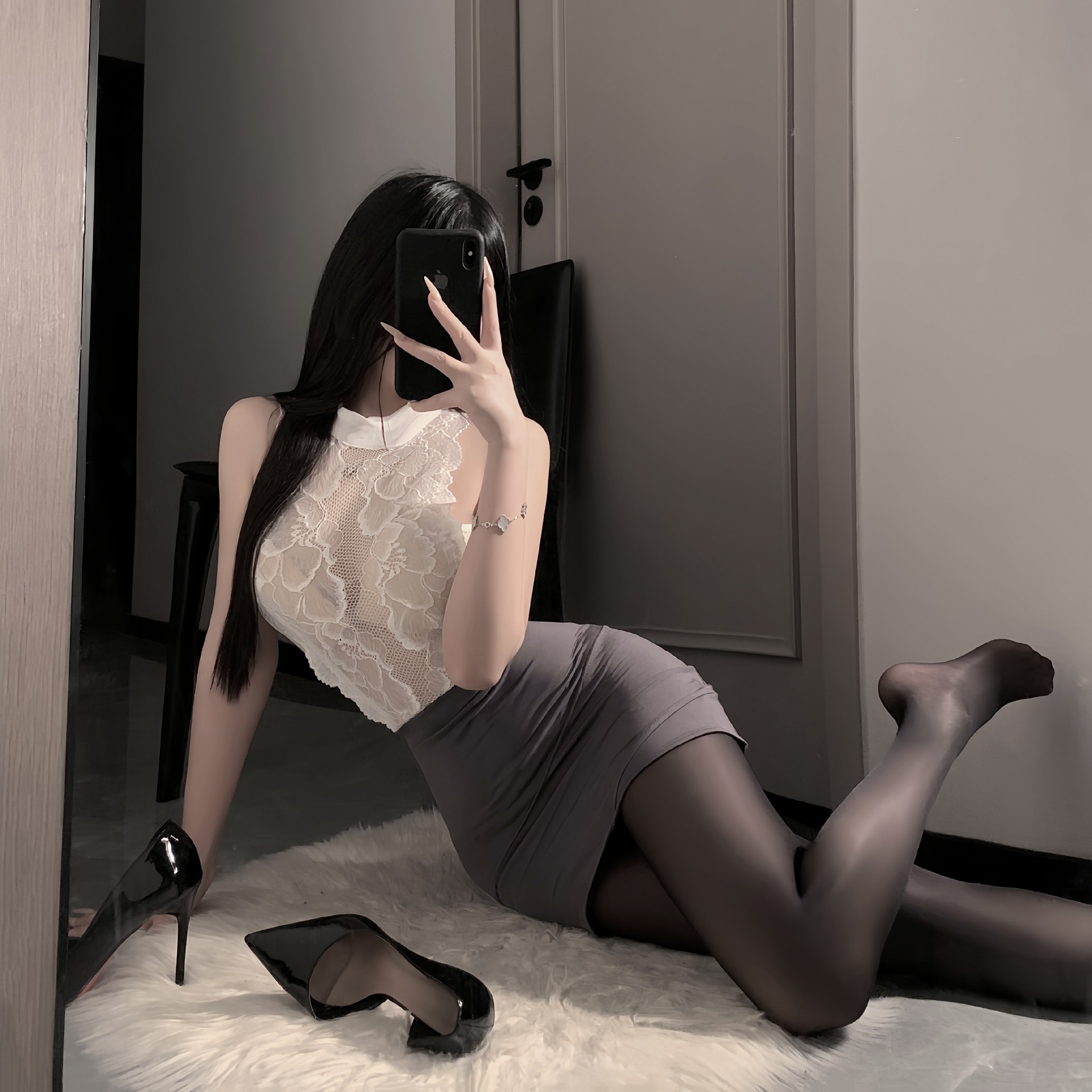 D170 Pure desire style secretary lace pajamas see-through nightdress female hip skirt uniform suit