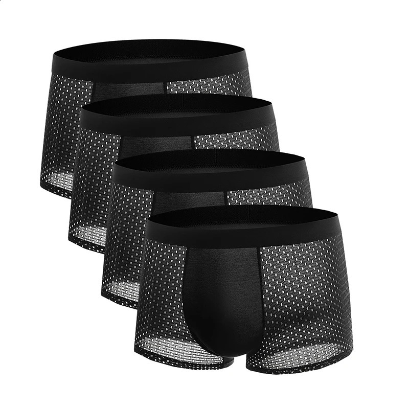4pcs Mens Underwear Ice Silk Mesh Men Boxershorts Plus Size Panties Solid Sexy Men Boxer Summer Breathable Intimate Underpants 250319