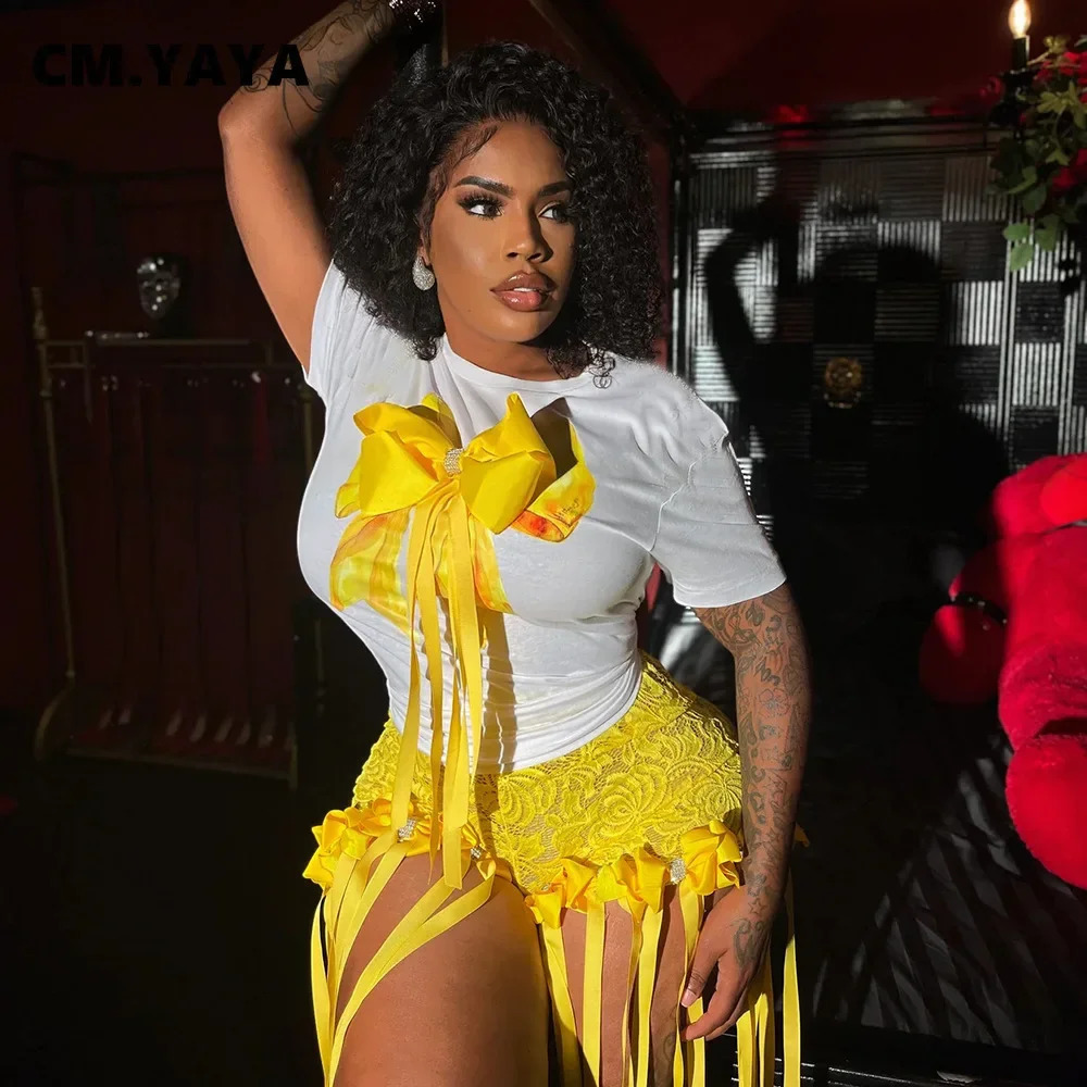 CM. YAYA Womens Bow O-neck Short sleeved Top and Lace Short sleeved Set Casual Two piece Set Summer Sportswear 250322