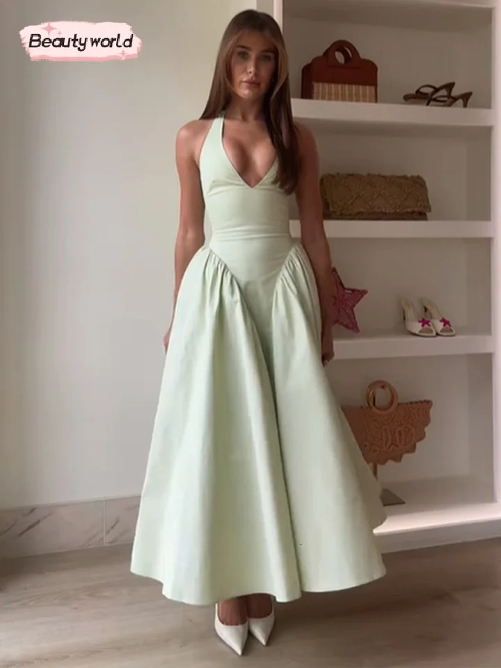Summer Women Solid Halter Long Dress Sexy Deep V Neck Slim Fit High Waist Pleated Maxi Dress 2025 Lady Beach Party Vestidos 250322