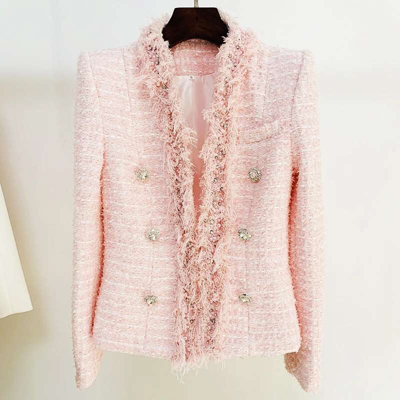 Newest Fall Winter Designer Fashion Women's Dias Buttons Pearl Beaded Tassel Fringed Tweed Jacket