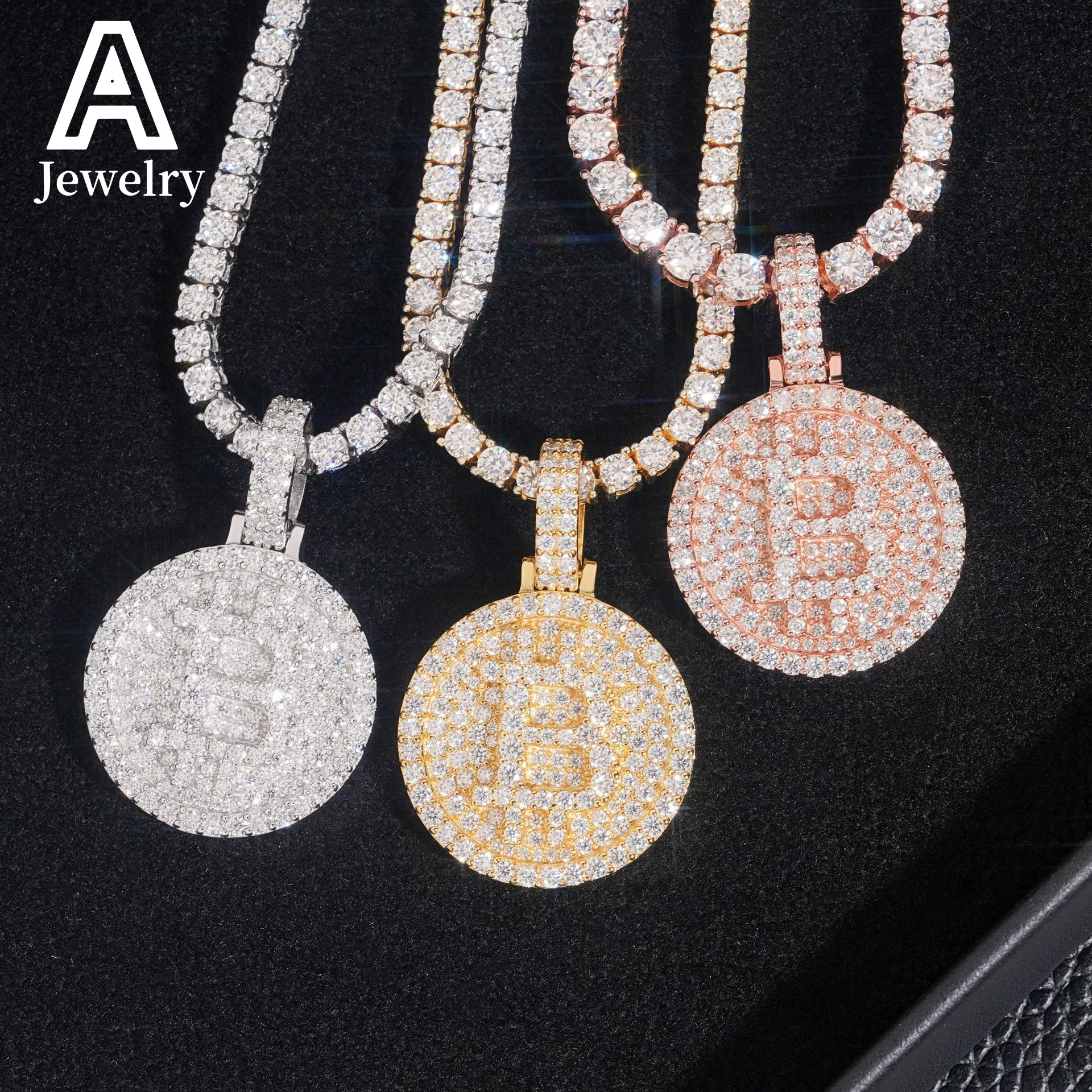 Iced out jewelry sterling silver B coin moissanite pendant custom design 25mm round shape mioissanite pendants