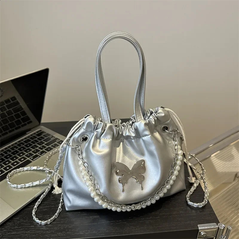 Silver Butterfly Backpack Womens Trendy Fashion Korean Pearl Chain Backpack Versatile Handbag 250318