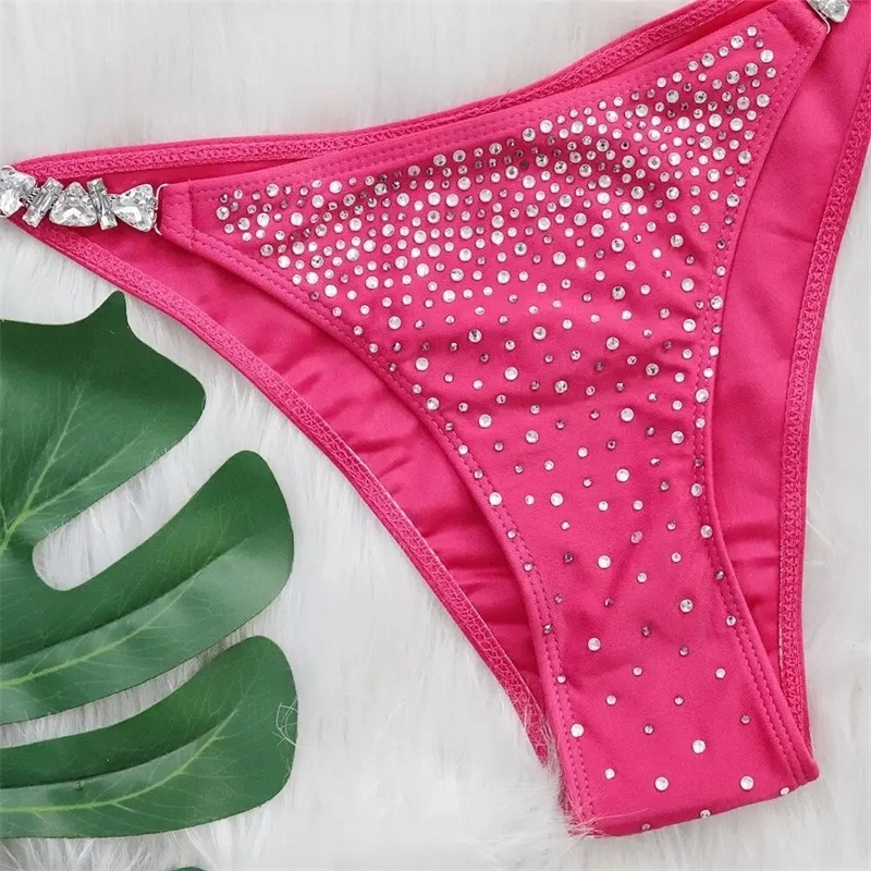 Push Up Bikini Female Bandeau Swimsuit Rhinestone Bikini Women Diamonds Pink Swimwear Brazilian Bathing Suit 250317