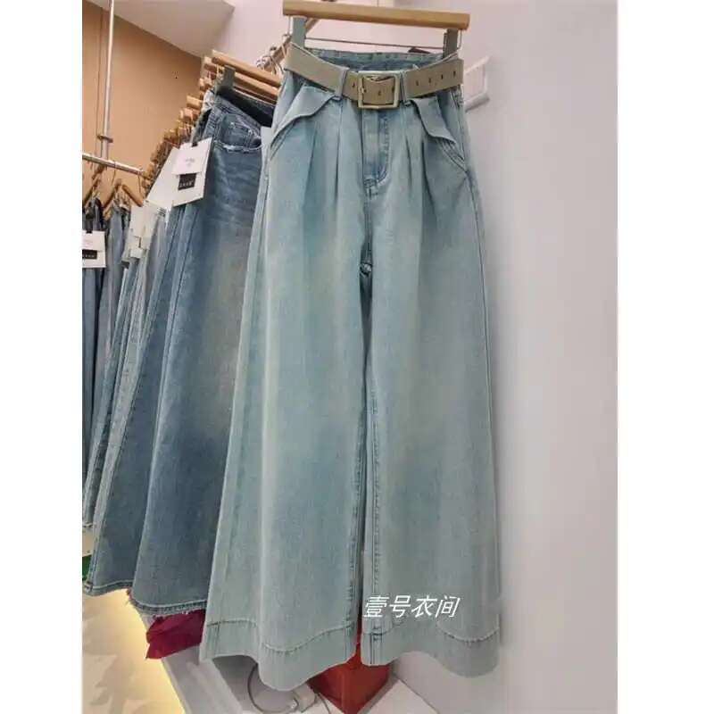 Blue Jeans For Women Quality High Waist American Wide Leg Pants Y2k Vintage Fashion Straight Spliced Spring Bagge Trousers