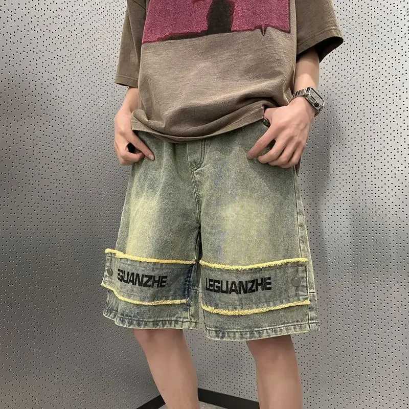 Mens Denim Shorts Half Graphic Long Mens Short Jeans Pants with Text Bermuda Cut Vintage Buttons Streetwear New in Cowboy Xxxl T250603