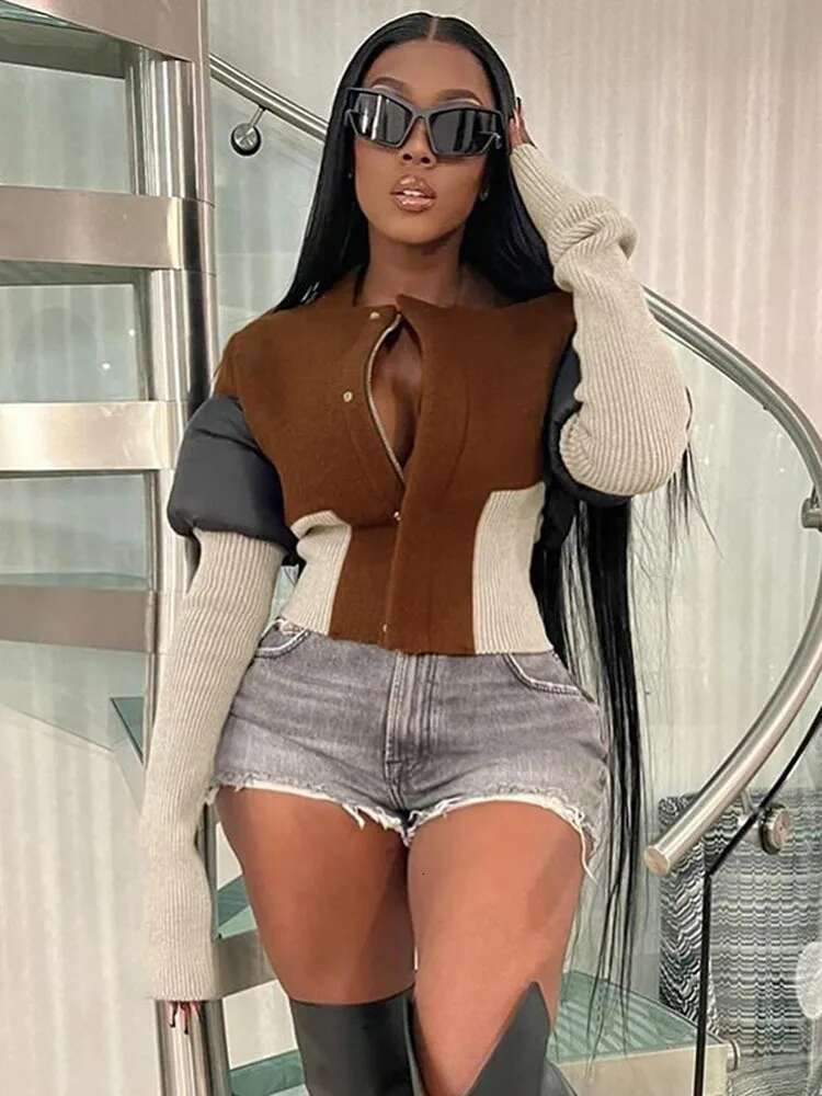 Fashion Women's Color Block Jackets Long Sleeve Zipper Collarless Slim Patchwork Short Coat Spring 2025 New