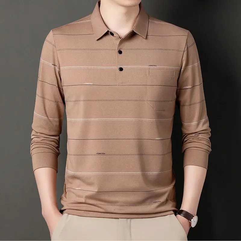 Mens Longsleeved Tshirt Lapel with Pocket Cotton Casual Autumn Clothes Base Shirt 250312