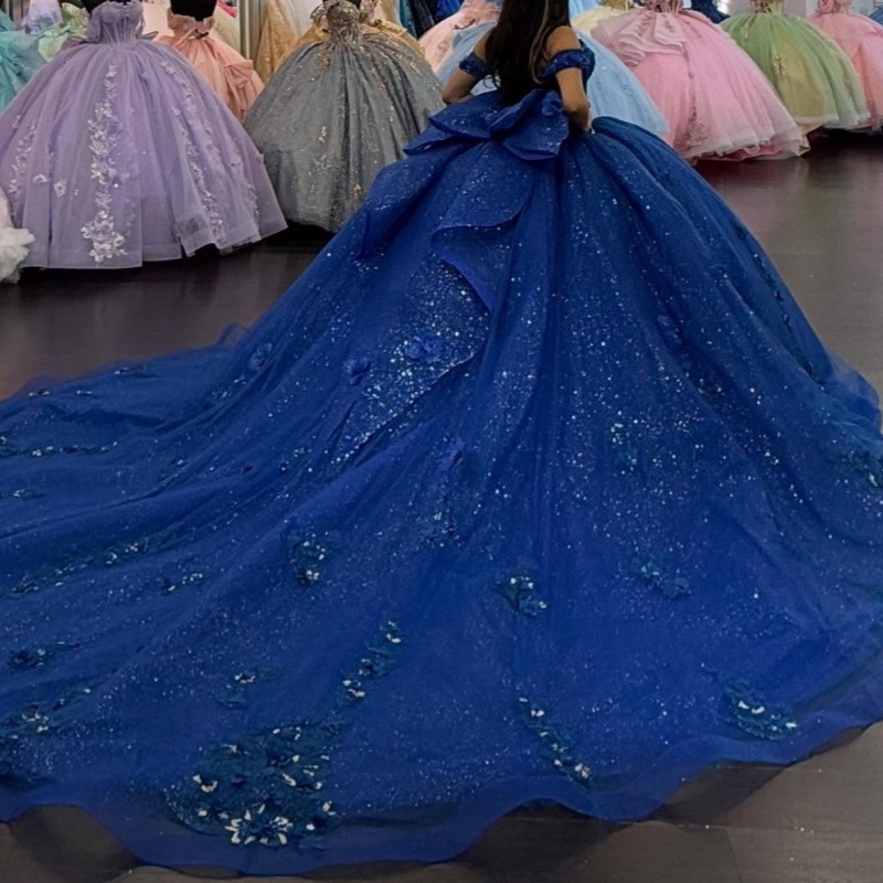 Royal Blue Shiny Quinceanera Dresses Off Shoulder Ball Gown Sweet 16 Dress Beads Appliques Flower Tull Corset Birthday Party Vestidos De 15 Anos