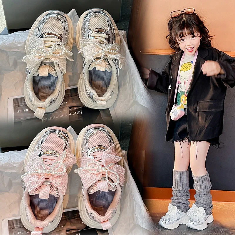 Girls running shoes and sweet mesh bow childrens sports shoes breathable fashion childrens sports shoes princess style cute 250324