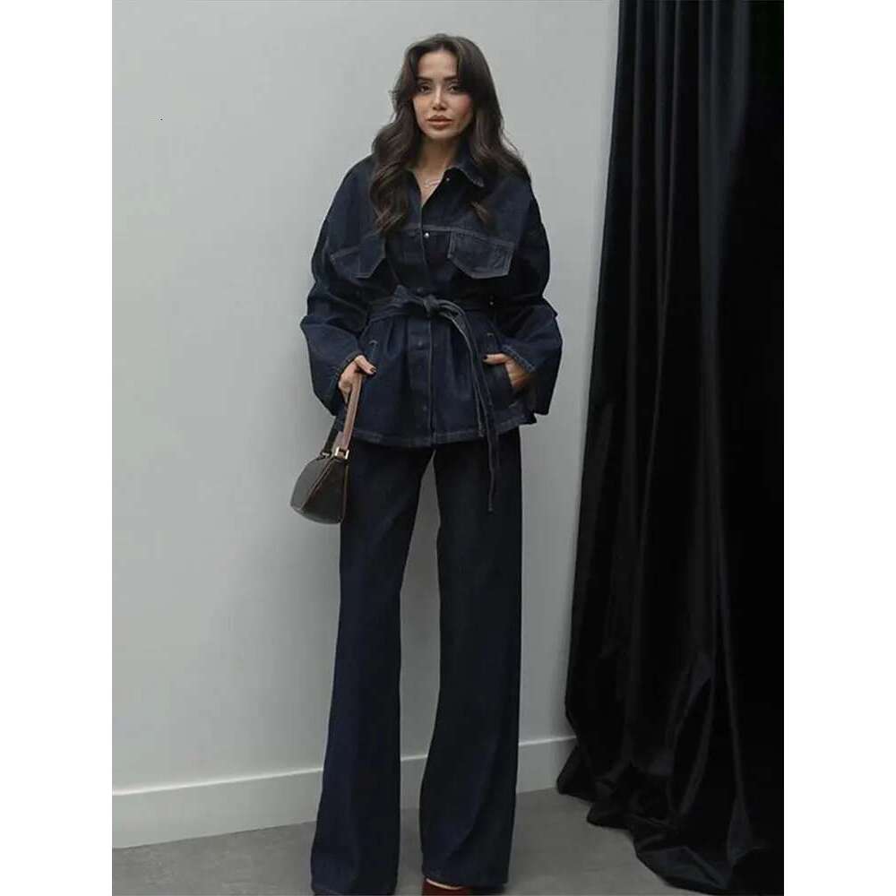 2025 Spring Women's Two Pieces Set With Trousers Loose Lace Up Pockets Coat High Waist Pants Chic Denim Ladies Suit Commuting